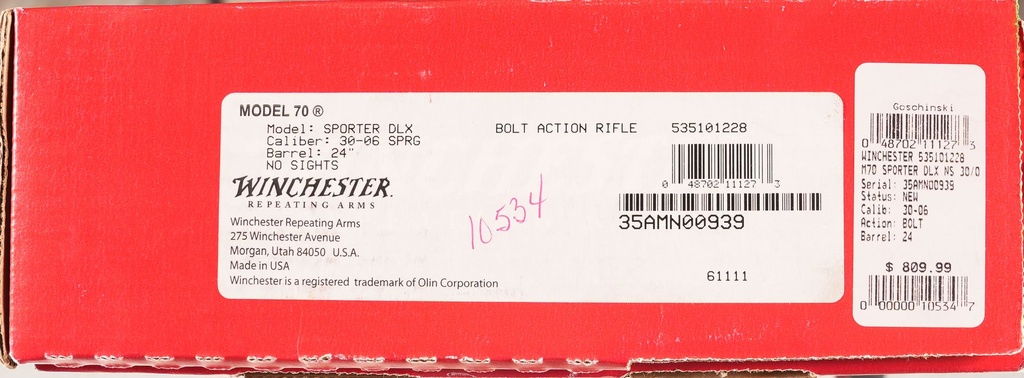 45787 Winchester 70 Sporter Bolt Rifle .30-06
